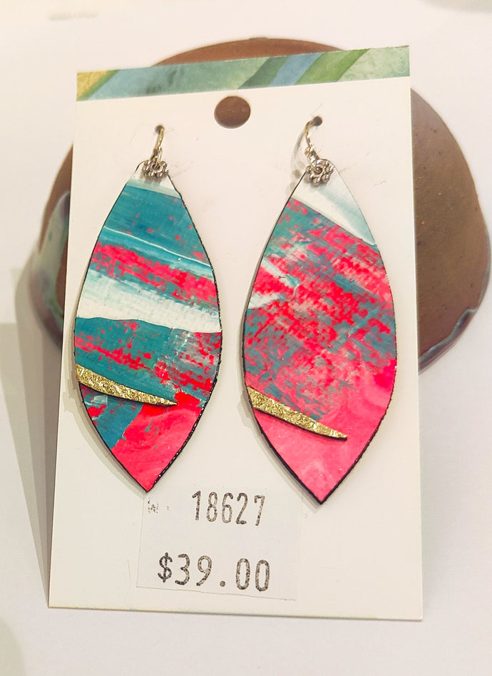 Hand painted canvas, leather and silver earrings #12 - Louise Warren