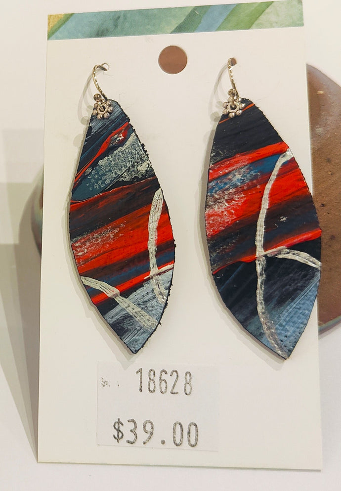 Hand painted canvas, leather and silver earrings #13 - Louise Warren