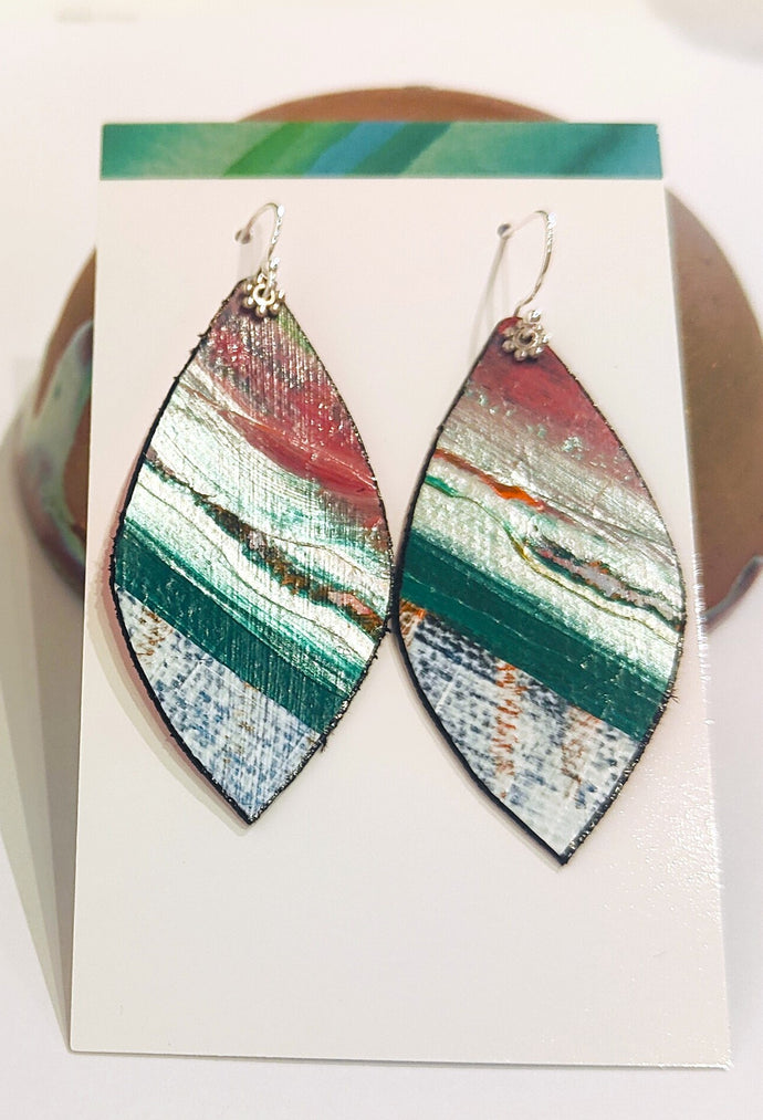 Hand painted canvas, leather and silver earrings #2 - Louise Warren