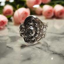 Load image into Gallery viewer, Antique Tea Rose Spoon Ring - Size R - Silver Rose Jewellery