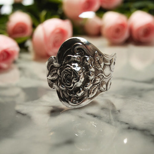 Antique Tea Rose Spoon Ring - Size R - Silver Rose Jewellery