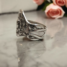 Load image into Gallery viewer, Antique Tea Rose Spoon Ring - Size R - Silver Rose Jewellery