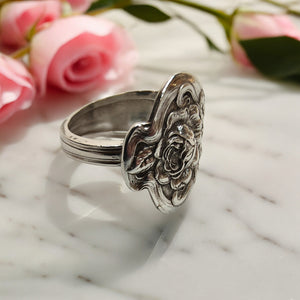 Antique Tea Rose Spoon Ring - Size R - Silver Rose Jewellery