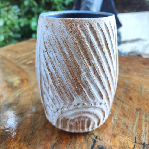 Hand carved stoneware vase - Indigo Clay