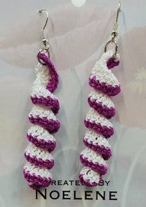 Crochet spiral earrings - magenta and white - Noelene Forbes