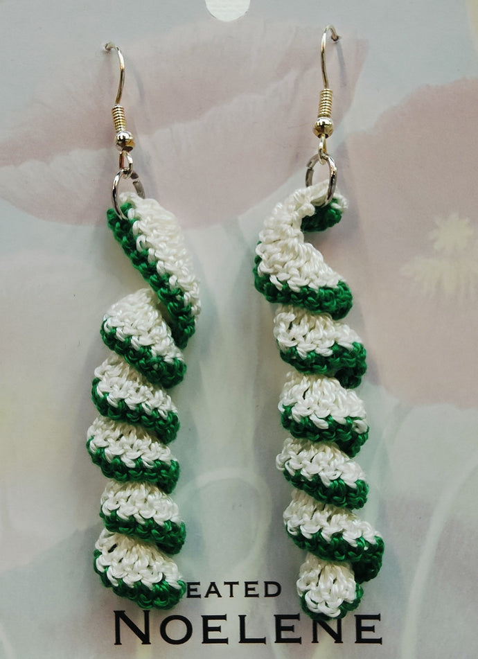 Crochet spiral earrings - green and white - Noelene Forbes