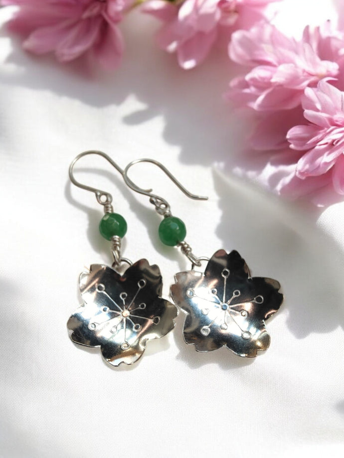 Vintage Sterling Silver Sakura Blossoms Earrings with Genuine Jade- Silver Rose Jewellery