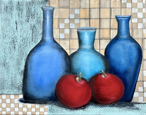 Still life in red and blue - Oil & Acrylic on canvas - Evelynne Richardson