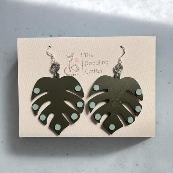 Leather Earrings - Olive Monstera Leaves - Kendra Chang