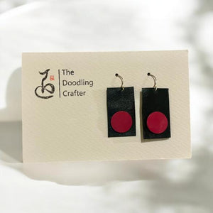 Leather Earrings - Red circles on black - Kendra Chang