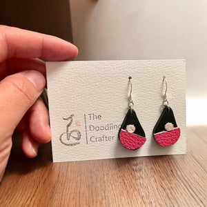 Leather Earrings - Black and pink tear drop - Kendra Chang