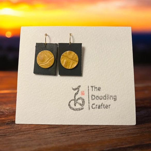 Leather Earrings - Ochre circles on black - Kendra Chang