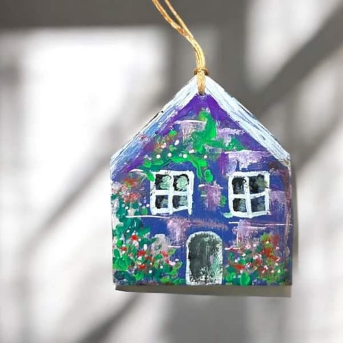 Hand painted leather Christmas Ornament - Purple house - Kendra Chang