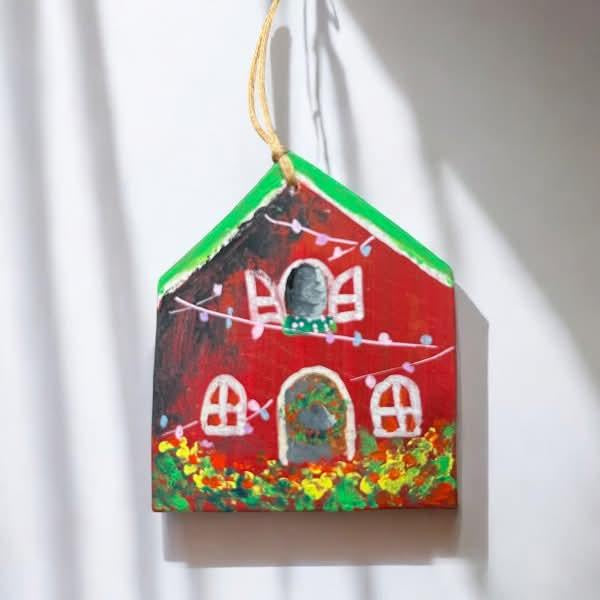 Hand painted leather Christmas Ornament - Red house - Kendra Chang