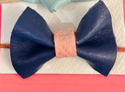 Leather Bow hair elastic ponytail holder - Navy with pink centre - Kendra Chang