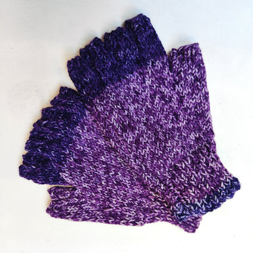 Hand knitted fingerless gloves - Purple and White - Helen Brook