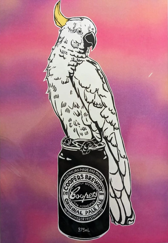 Thirsty Bird Mini Print - Sulphur-crested Cockatoo & Coopers Original Pale Ale (Psychedelic) - Sienna Blok