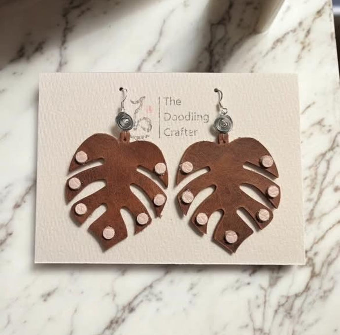 Leather Earrings - Chocolate  Monstera Leaves - Kendra Chang