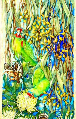 Swift Parrots - Ink & Watercolour - Ingrid Mangan