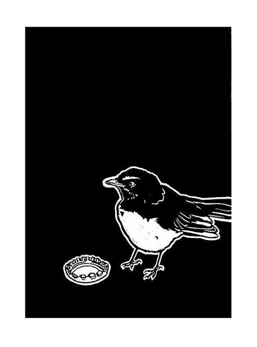 Thirsty Bird Mini Print - Willie Wagtail & Bottle Cap - Sienna Blok