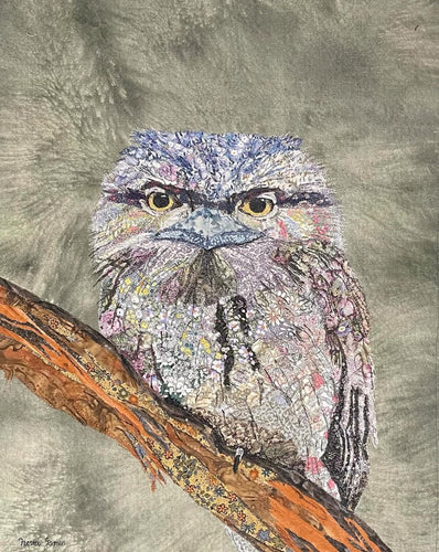 Tawny Frogmouth - Machine thread painting on fabric and canvas - Neva Jones