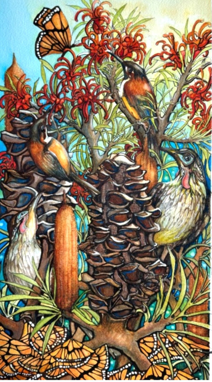 Greeting Card - Birds and Banksias - Ingrid Mangan