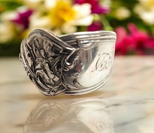 1908 Antique Sterling Silver Fleur de Lis Spoon Ring  - Size R