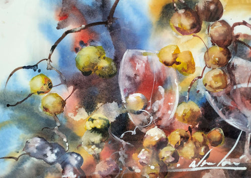 Grapes and Wine Glass -watercolour - Alan Ramachandran