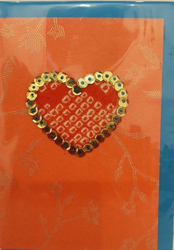 Valentine's Day Card - Embossed orange with sequined heart - Lorraine Lee