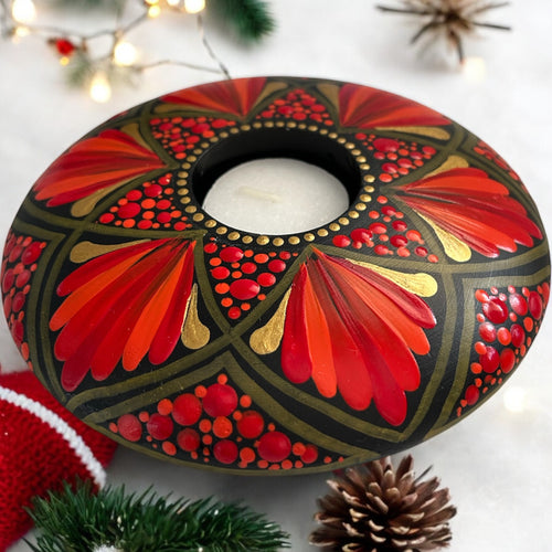 Large Tea Light Holder - Red and Gold Mandala