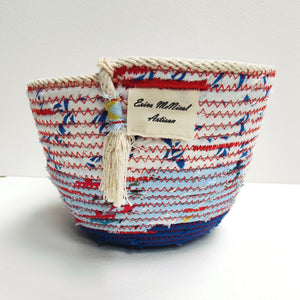 Rope and Fabric Basket - Small - white and blue top, red stitching - Erica McNicol