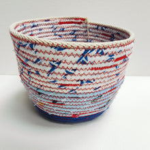 Load image into Gallery viewer, Rope and Fabric Basket - Small - white and blue top, red stitching - Erica McNicol