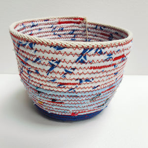 Rope and Fabric Basket - Small - white and blue top, red stitching - Erica McNicol